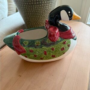 Vintage Christmas Duck Shaped Ceramic Bowl with Red and Green Accents